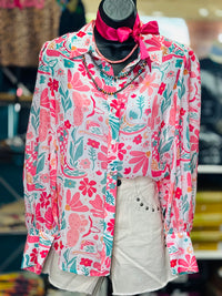 Shop Envi Me tops The Pretty Pink Floral & Boots Button Up Chiffon Top