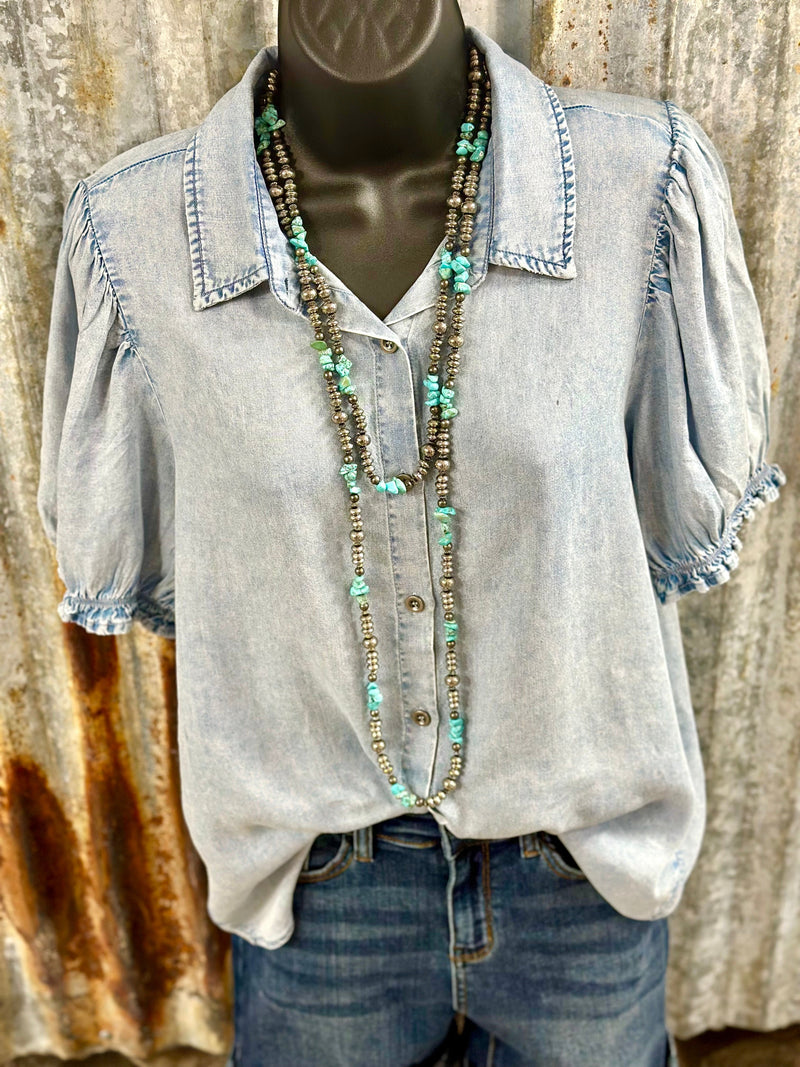 Shop Envi Me Tops and Tunics The Pretty Puff Sleeve Denim Top