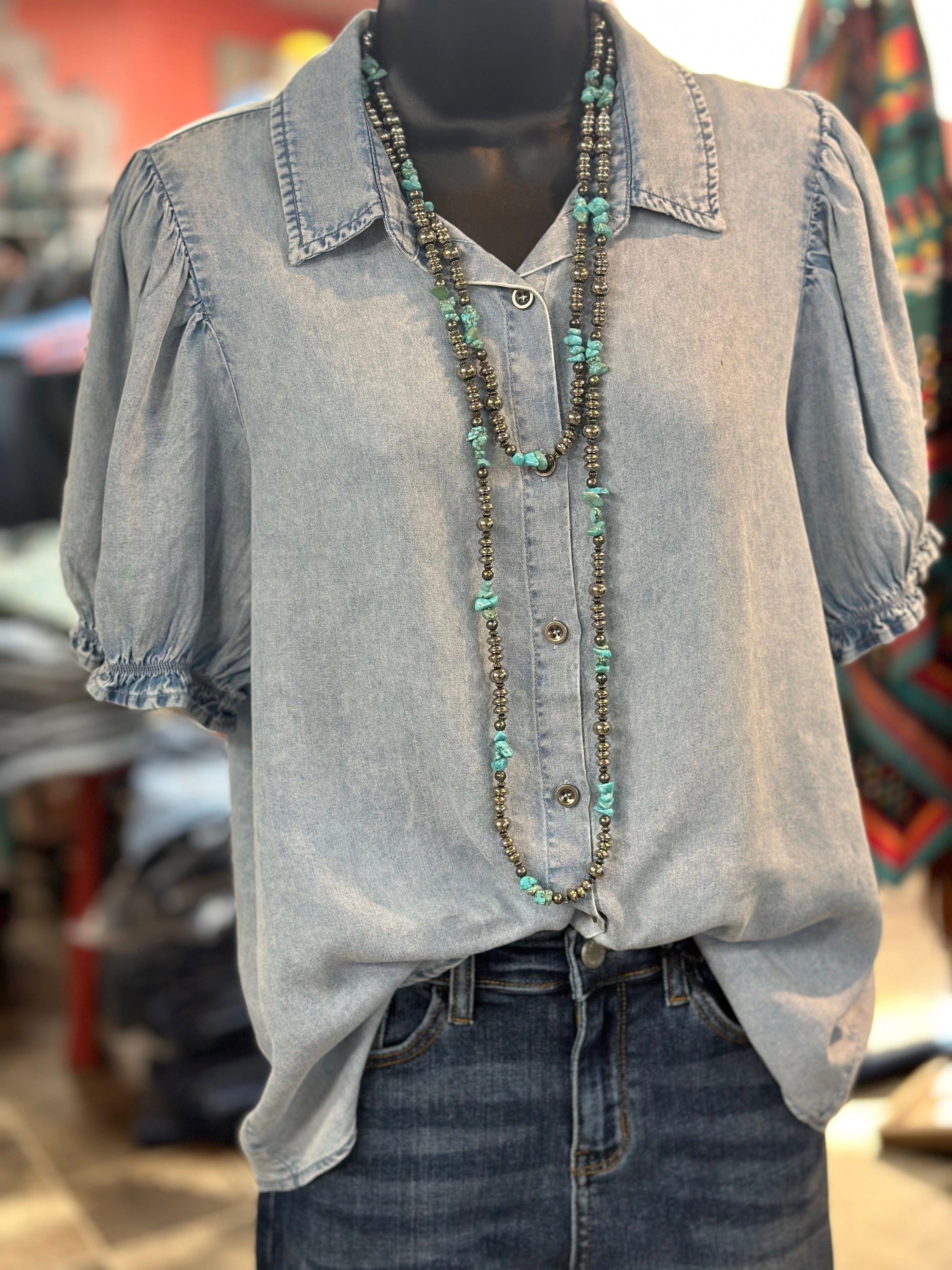 Shop Envi Me Tops and Tunics The Pretty Puff Sleeve Denim Top