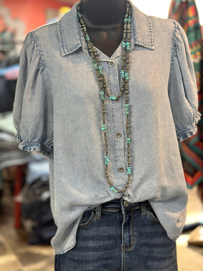 Shop Envi Me Tops and Tunics The Pretty Puff Sleeve Denim Top
