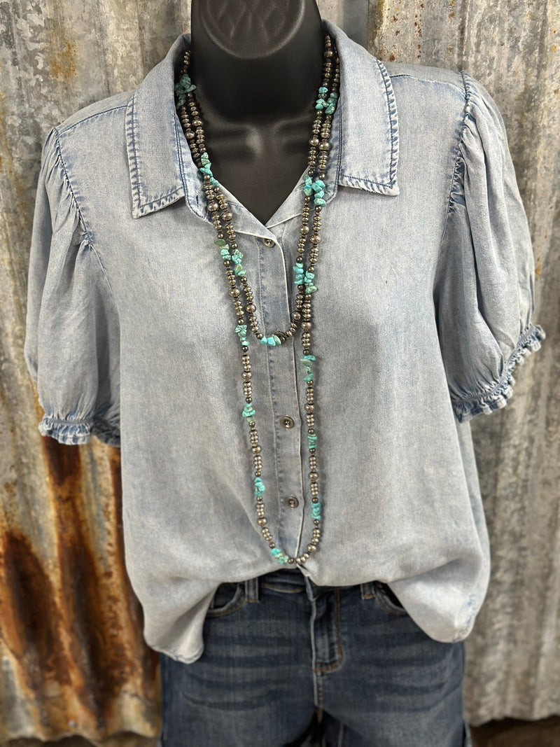 Shop Envi Me Tops and Tunics The Pretty Puff Sleeve Denim Top