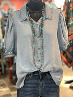 Shop Envi Me Tops and Tunics The Pretty Puff Sleeve Denim Top