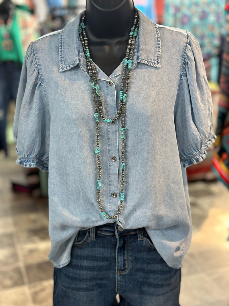 Shop Envi Me Tops and Tunics The Pretty Puff Sleeve Denim Top