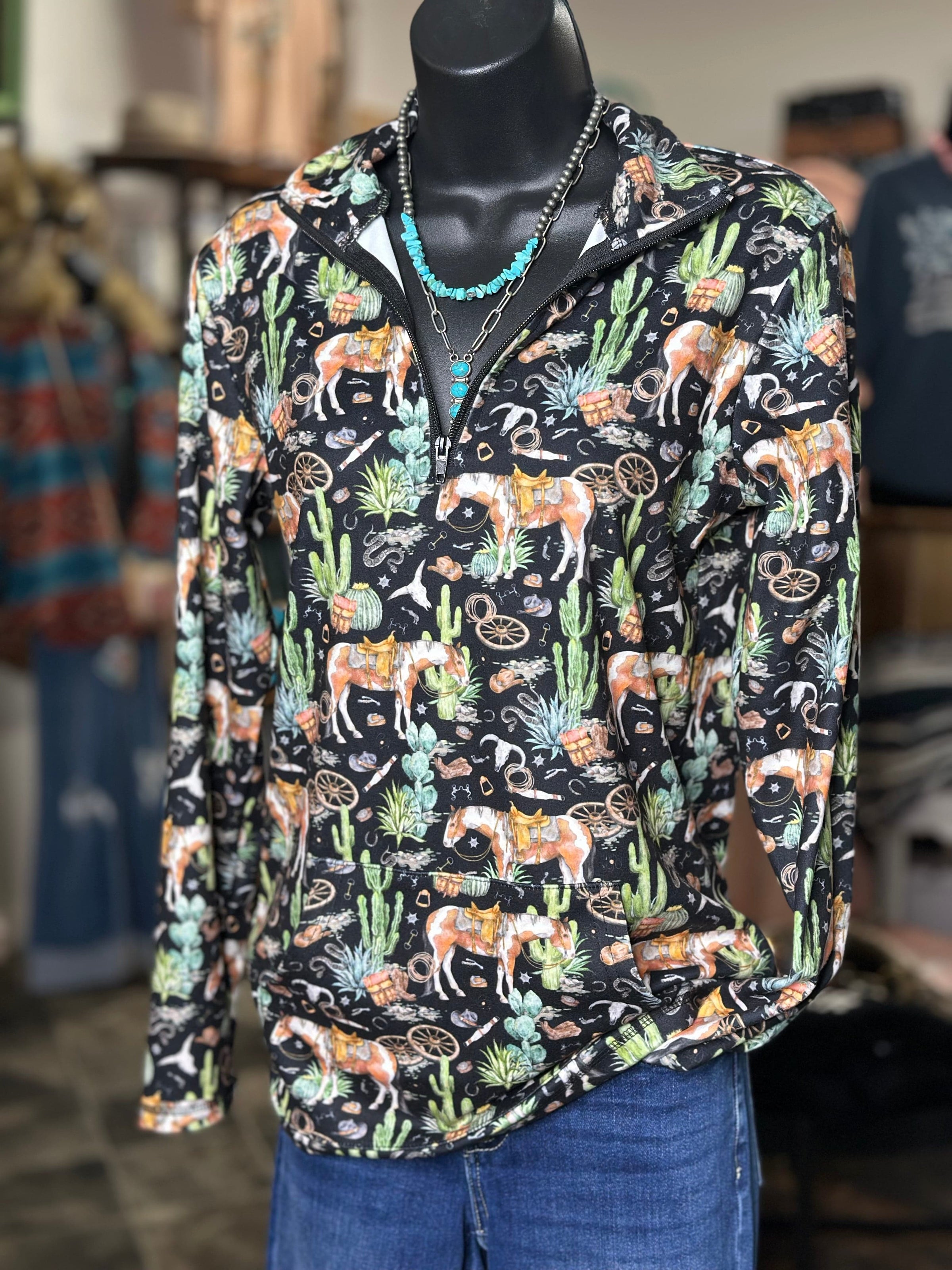 Shop Envi Me Tops and Tunics The Ranch Horses & Cactus Quarter Zip Aztec Pullover