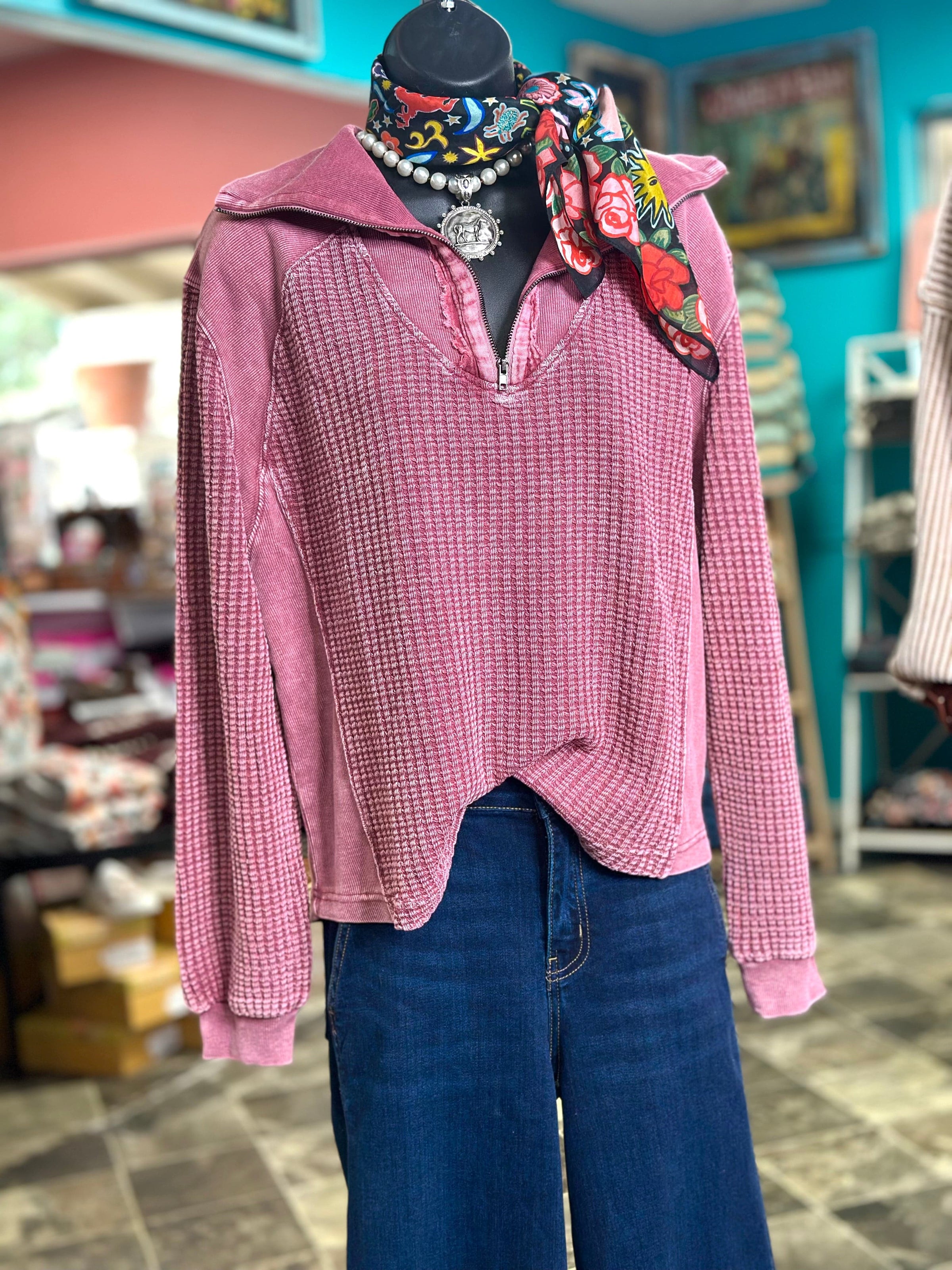Shop Envi Me Tops and Tunics The Raspberry Amarillo Waffle Quarter Zip Top