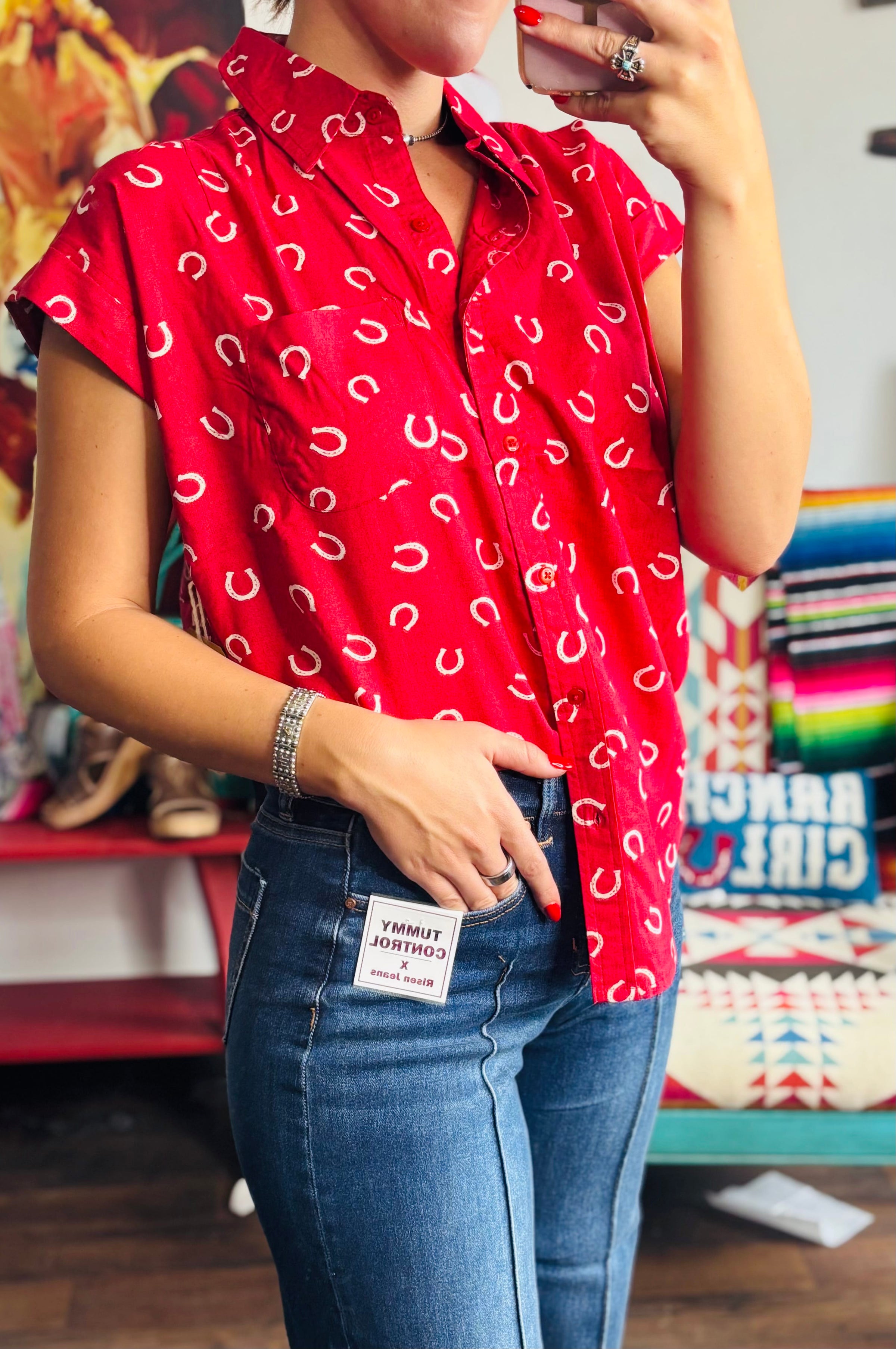Shop Envi Me tops The Red Lucky Horseshoe Camp Shirt