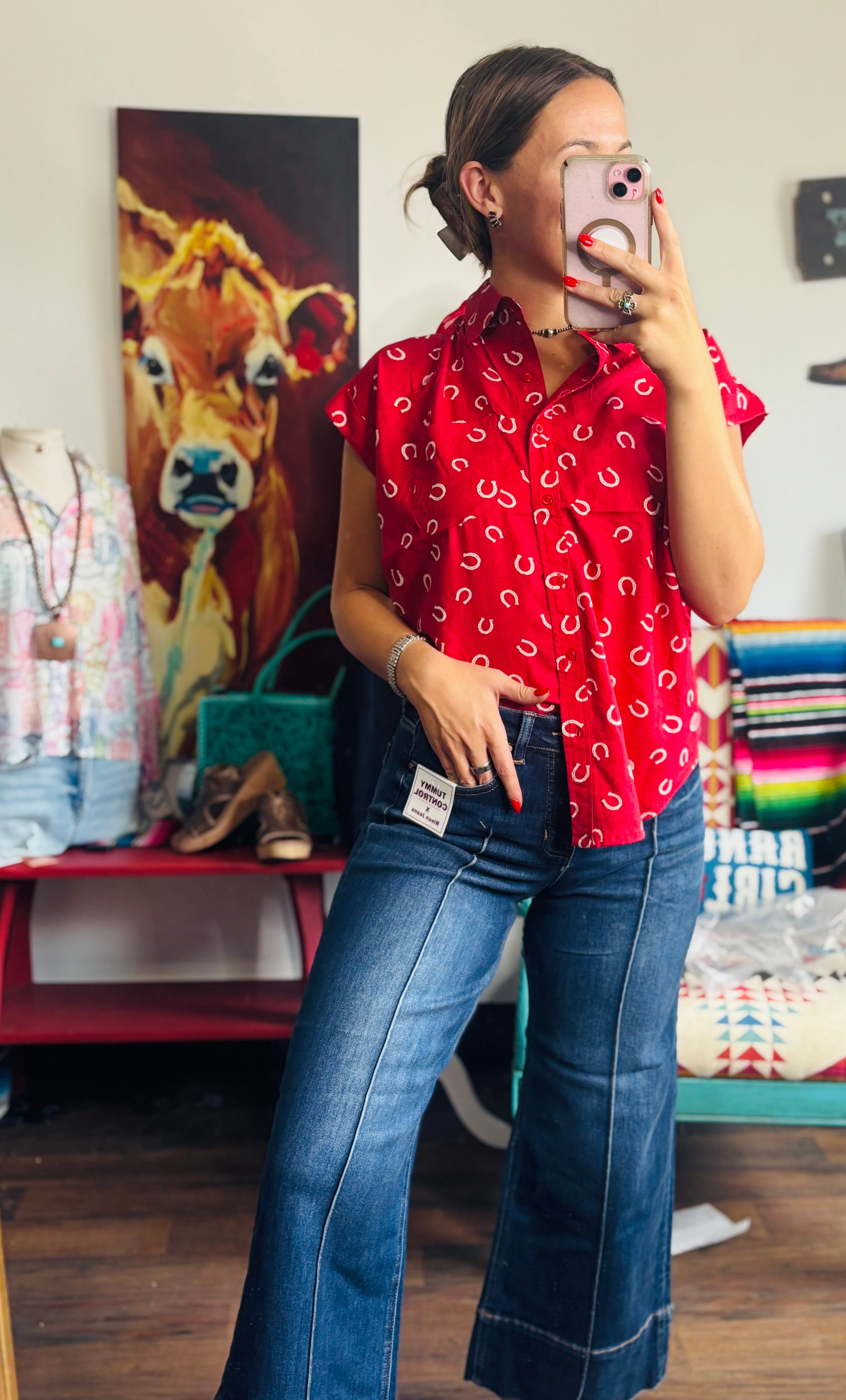 Shop Envi Me tops The Red Lucky Horseshoe Camp Shirt