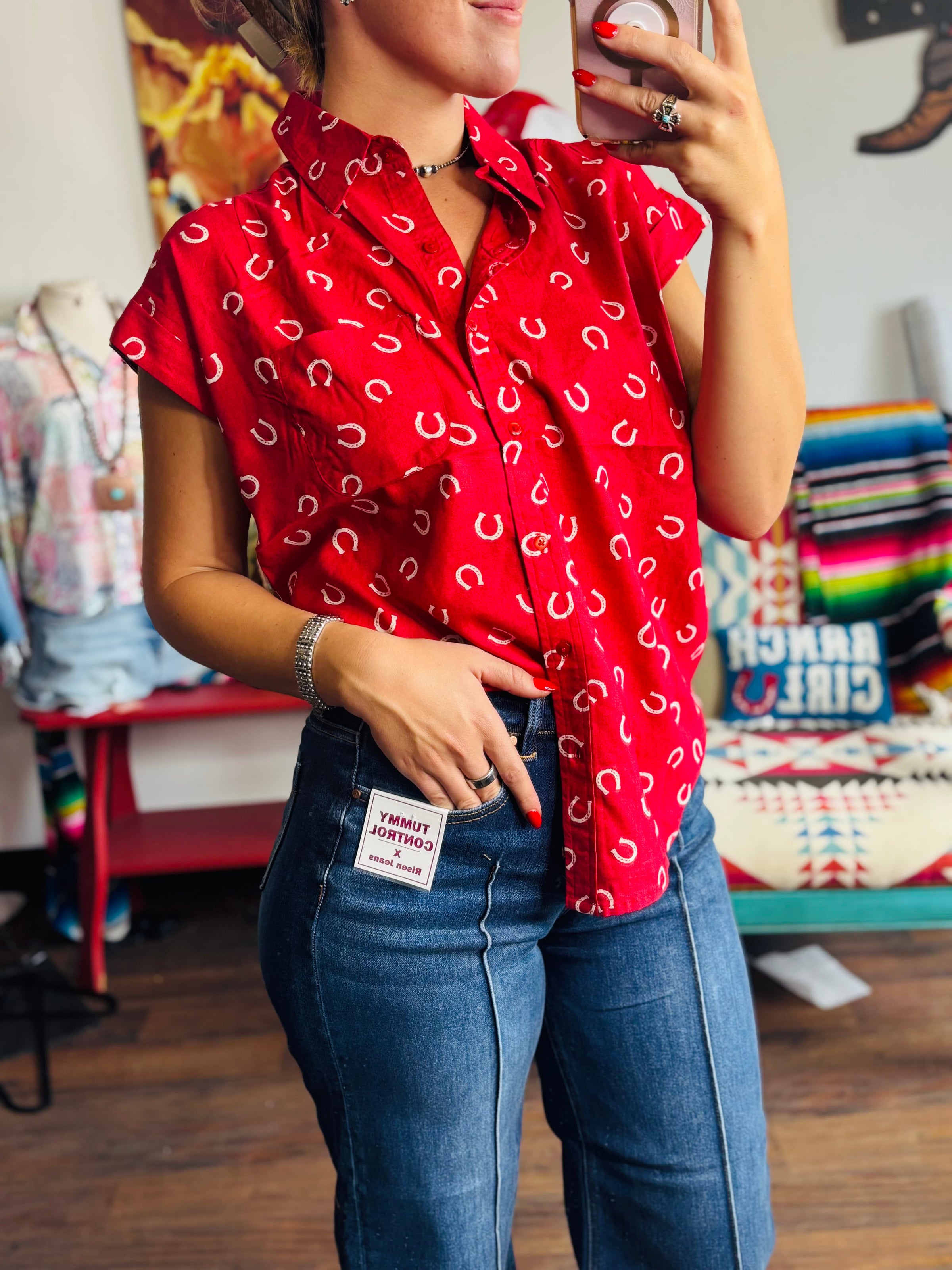Shop Envi Me tops The Red Lucky Horseshoe Camp Shirt