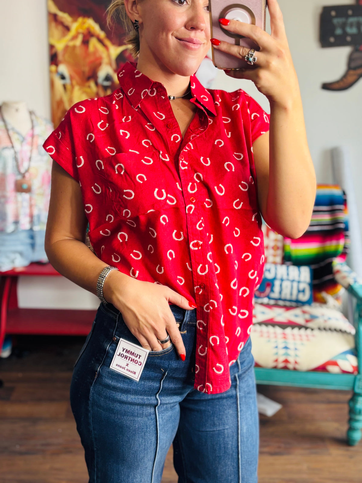 Shop Envi Me tops The Red Lucky Horseshoe Camp Shirt