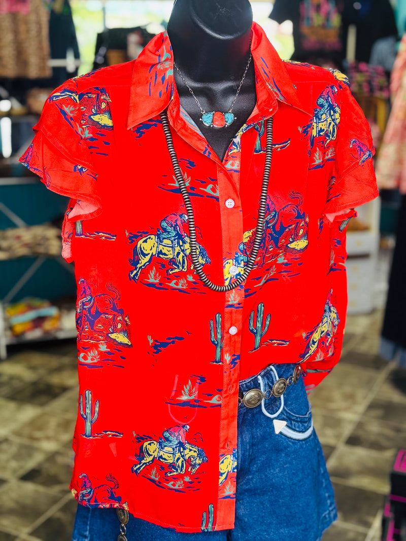 Shop Envi Me Tops and Tunics The Red On The Ranch Cowboy Flutter Sleeve Top
