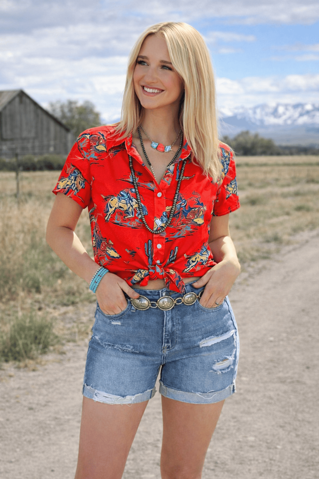 Shop Envi Me Tops and Tunics The Red On The Ranch Cowboy Flutter Sleeve Top