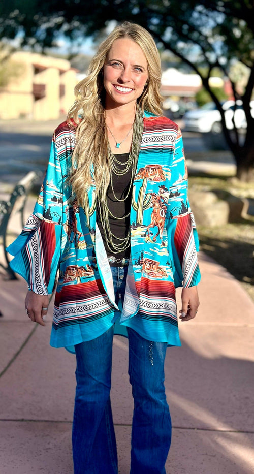 Shop Envi Me Cardigans and Kimonos The Retro Colorado Cowboy Scene Kimono