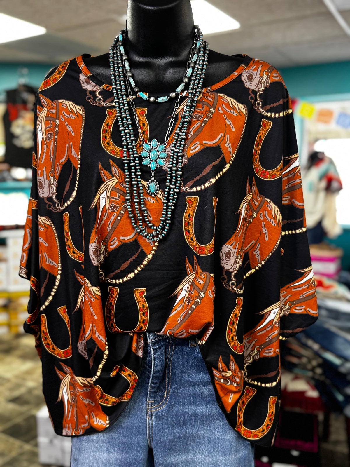 Shop Envi Me It's T-shirt Kinda Day The Retro Cowgirl Horses & Horseshoes Poncho Top