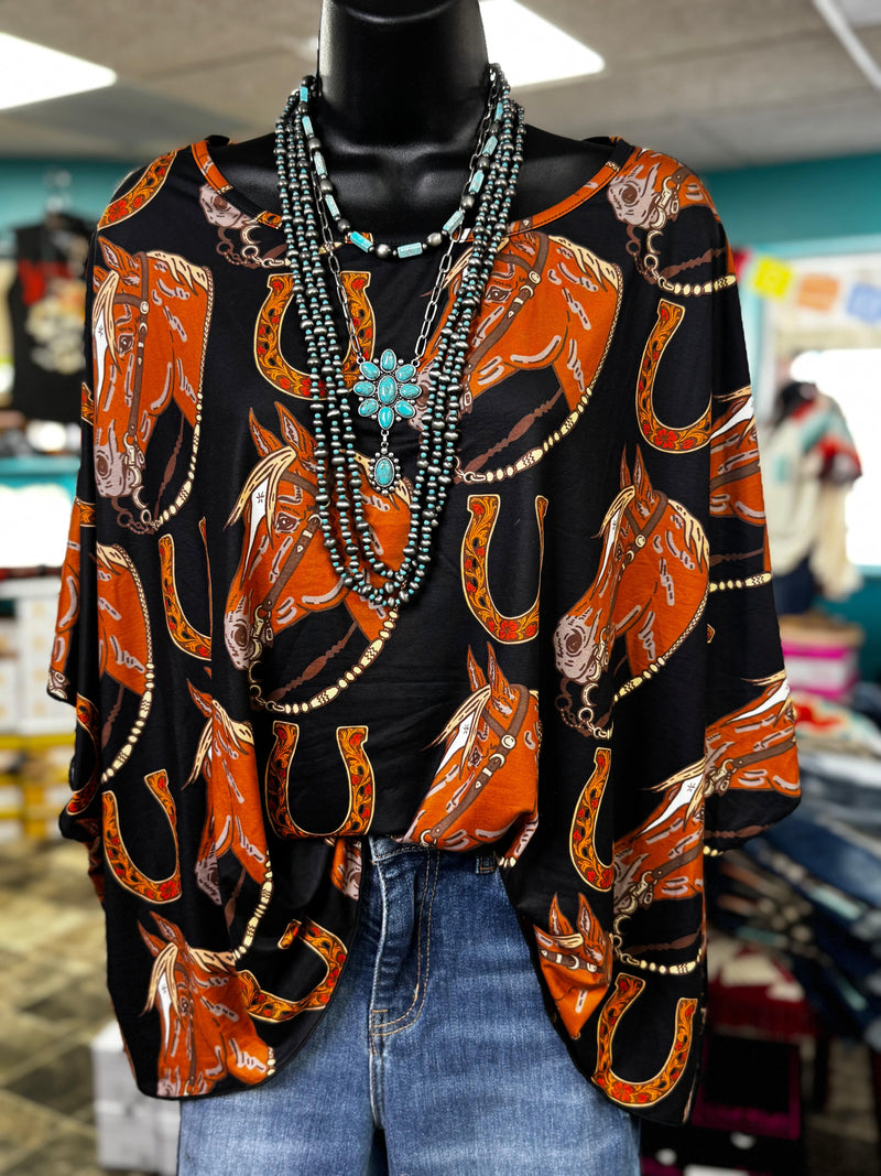 Shop Envi Me It's T-shirt Kinda Day The Retro Cowgirl Horses & Horseshoes Poncho Top