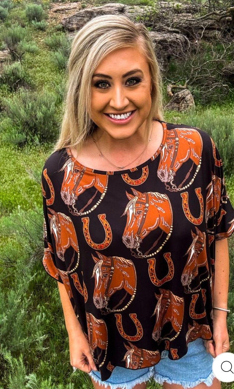 Shop Envi Me It's T-shirt Kinda Day The Retro Cowgirl Horses & Horseshoes Poncho Top