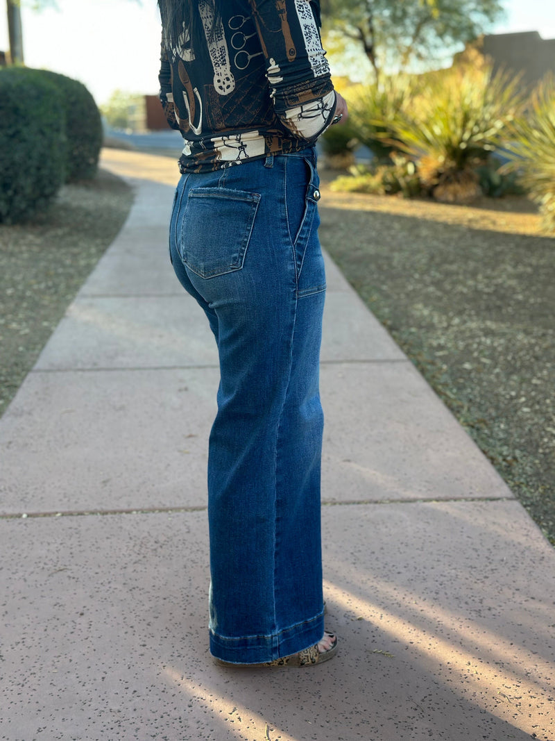 Risen Bottoms The Risen Button Detail Wide Leg Denim