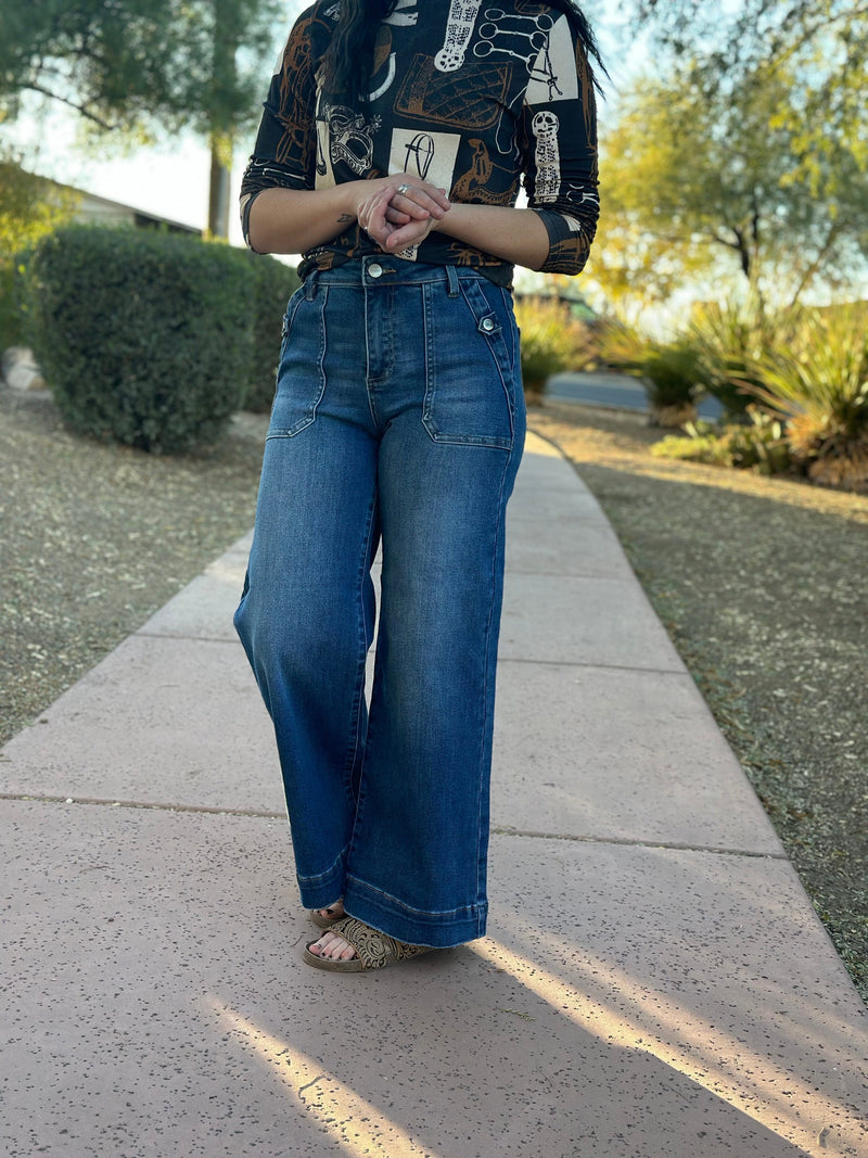 Risen Bottoms The Risen Button Detail Wide Leg Denim