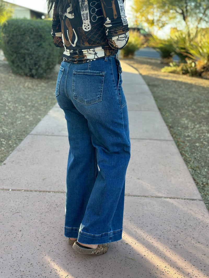 Risen Bottoms The Risen Button Detail Wide Leg Denim