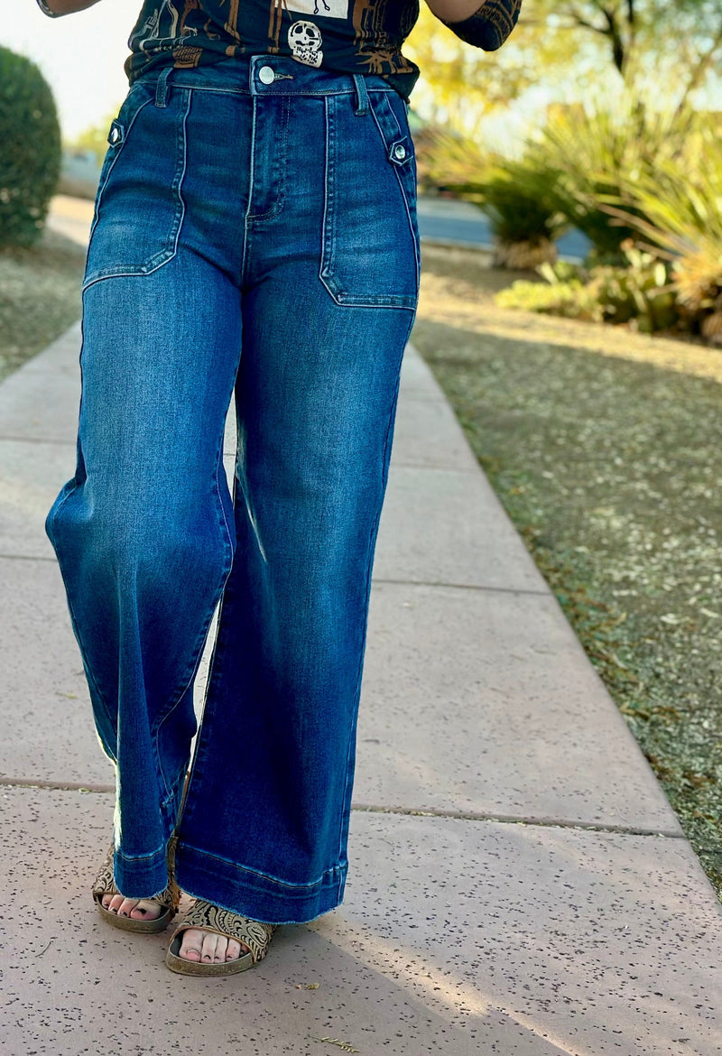 Risen Bottoms The Risen Button Detail Wide Leg Denim