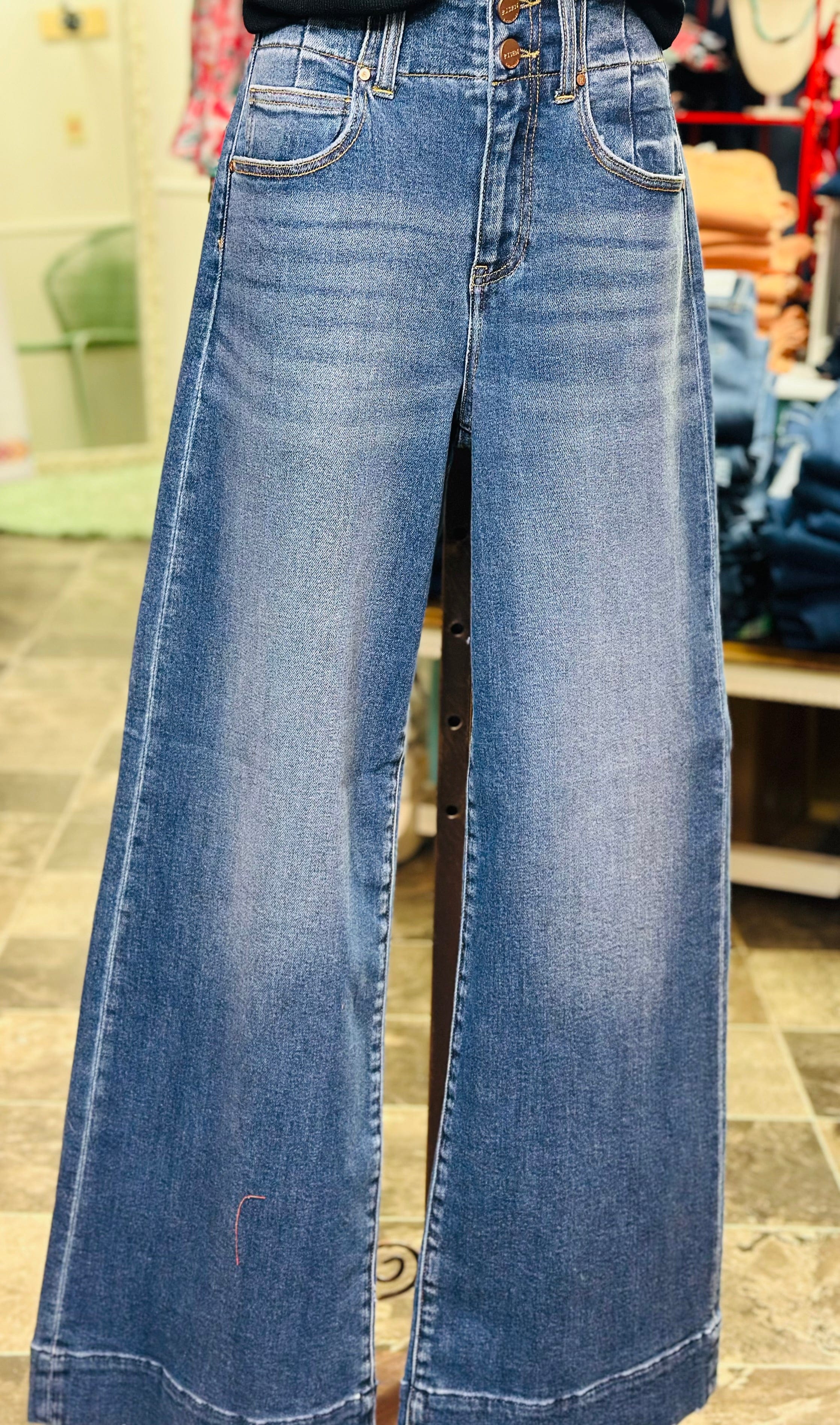 Risen Bottoms The Risen Double Button Detail Wide Leg Denim