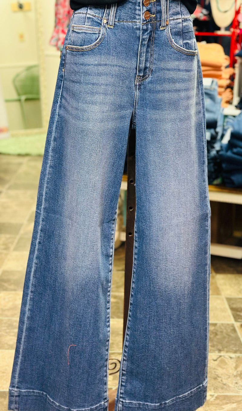 Risen Bottoms The Risen Double Button Detail Wide Leg Denim