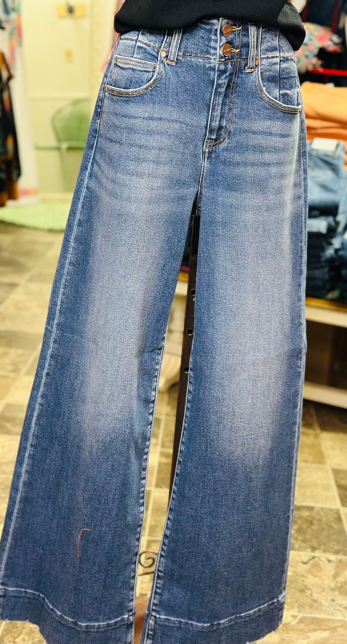Risen Bottoms The Risen Double Button Detail Wide Leg Denim