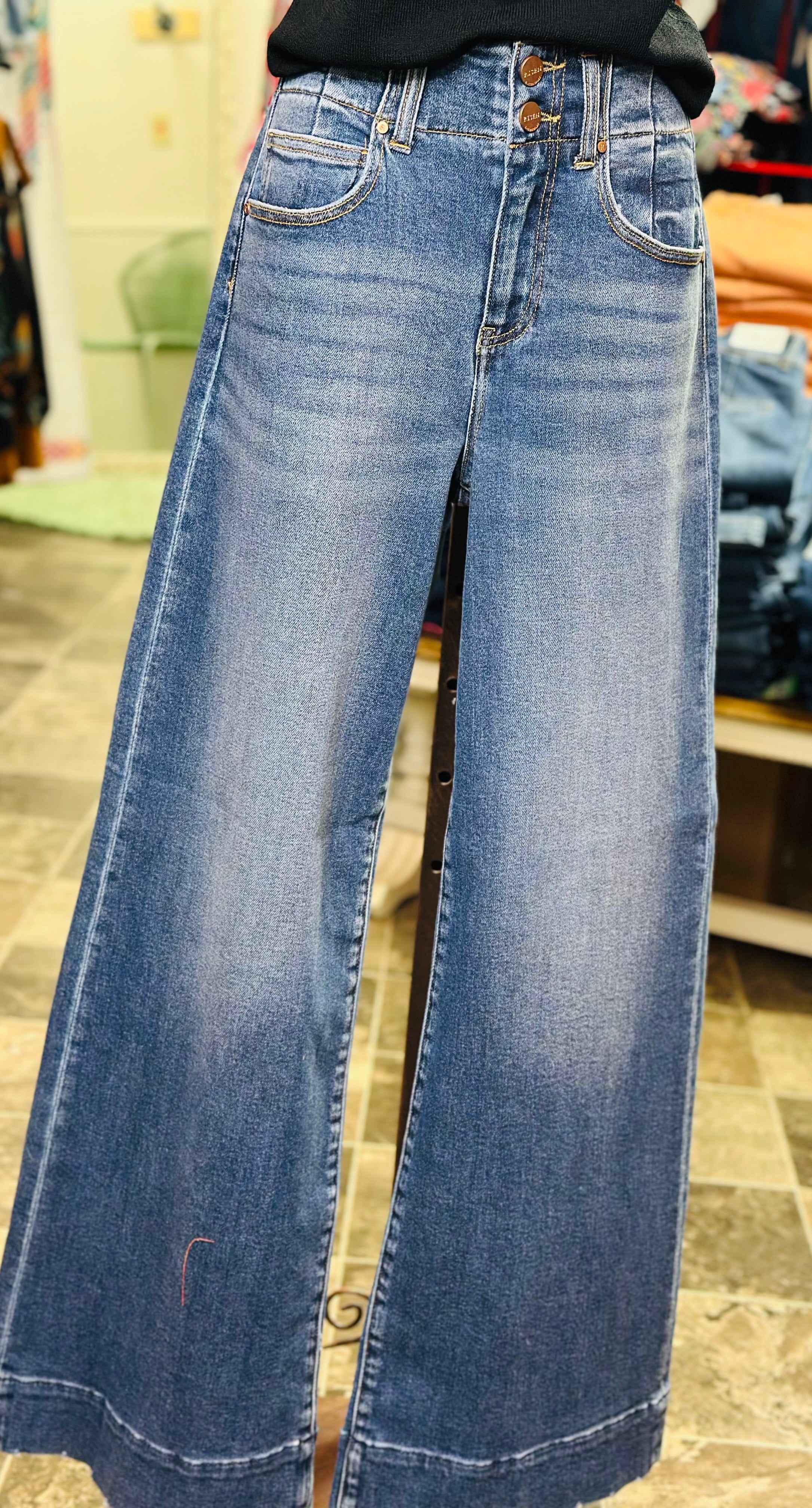 Risen Bottoms The Risen Double Button Detail Wide Leg Denim