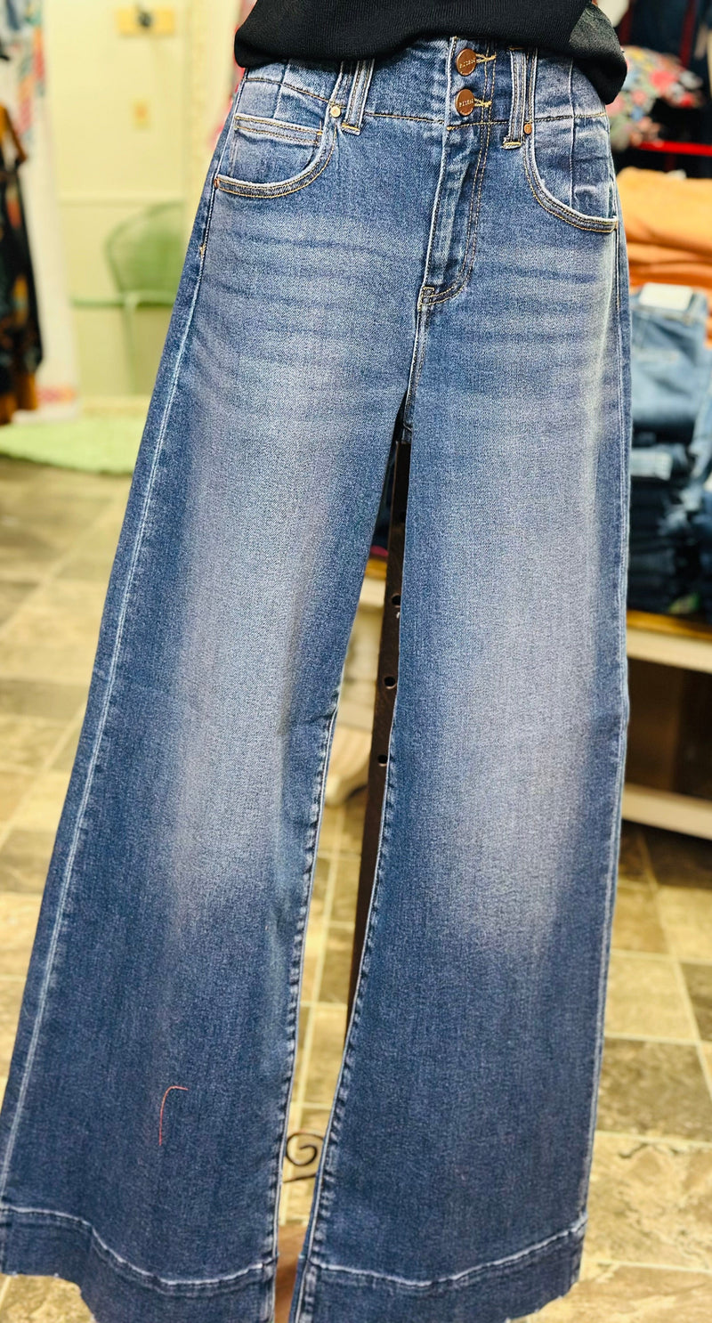 Risen Bottoms The Risen Double Button Detail Wide Leg Denim