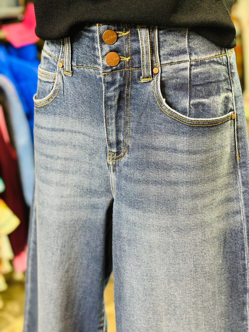 Risen Bottoms The Risen Double Button Detail Wide Leg Denim