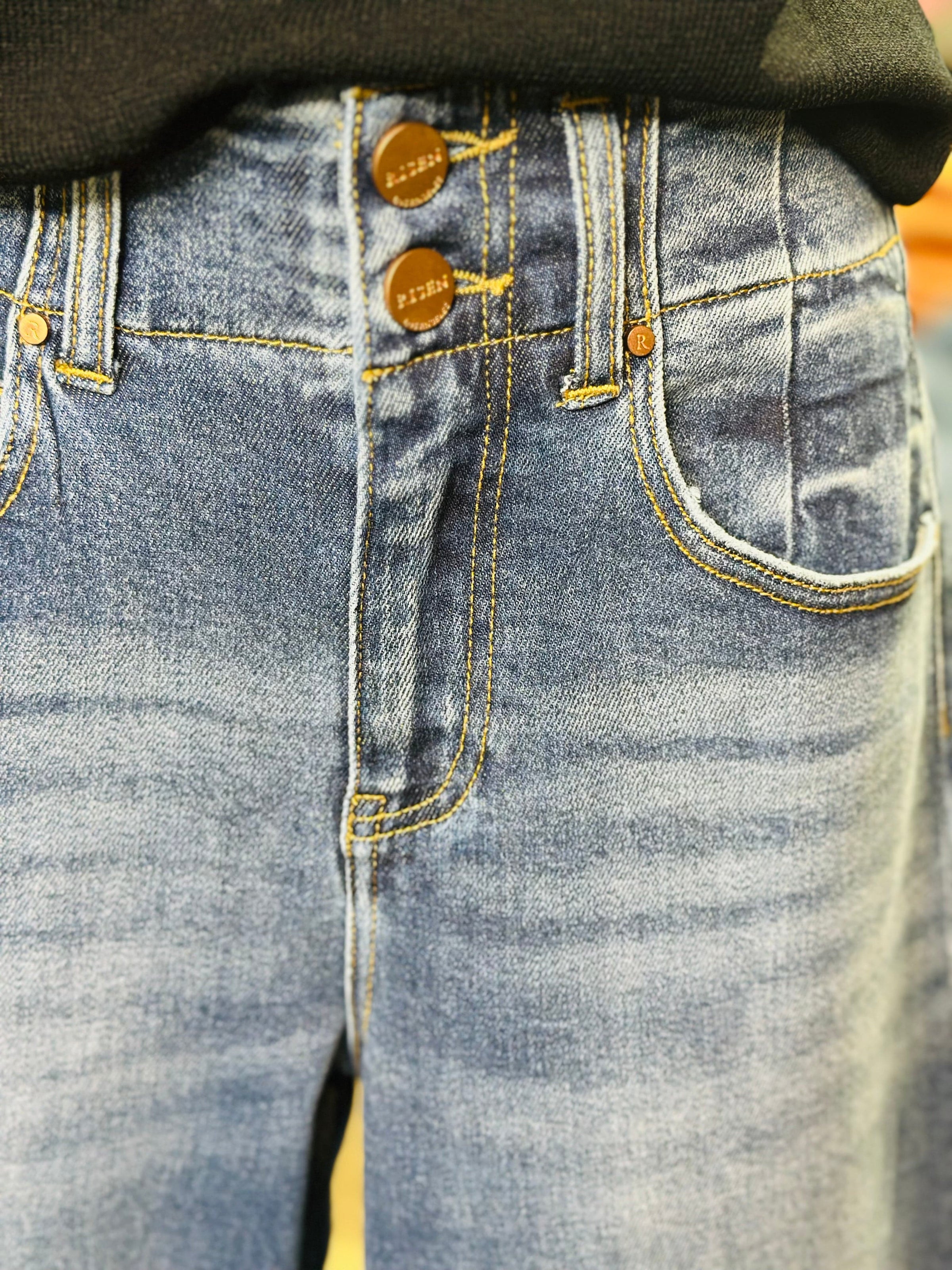 Risen Bottoms The Risen Double Button Detail Wide Leg Denim