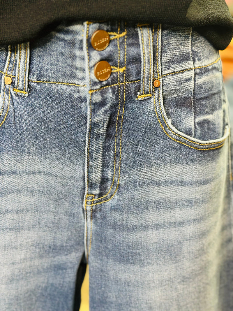 Risen Bottoms The Risen Double Button Detail Wide Leg Denim