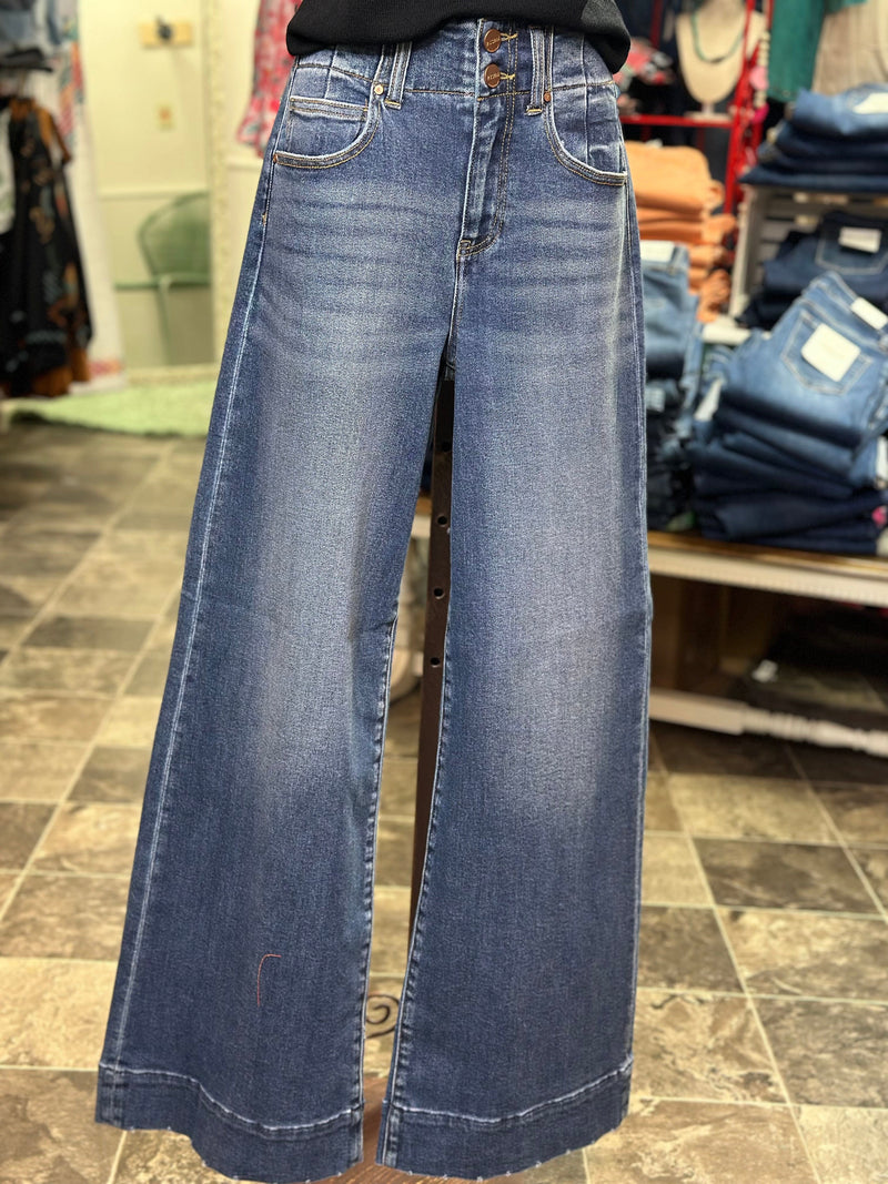 Risen Bottoms The Risen Double Button Detail Wide Leg Denim