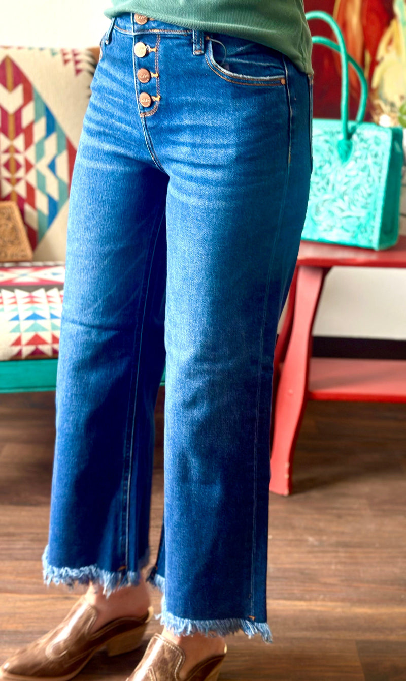 Risen Bottoms The Risen Fall Button Front Ankle Crop Denim