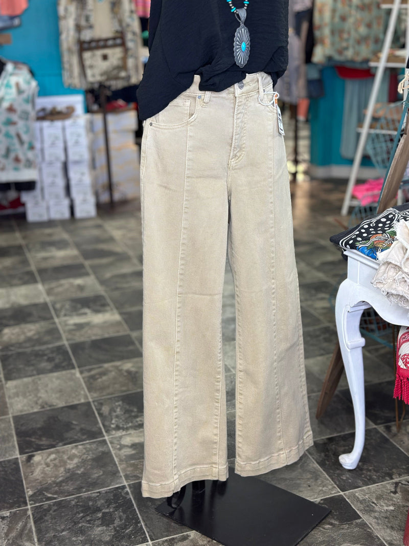 Risen The Risen Fall Khaki Wide Leg Seam Detail Crop Denim