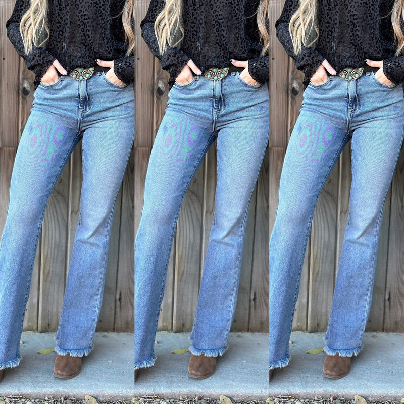 Just Black Bottoms The Risen Frayed Bottom Flare Denim