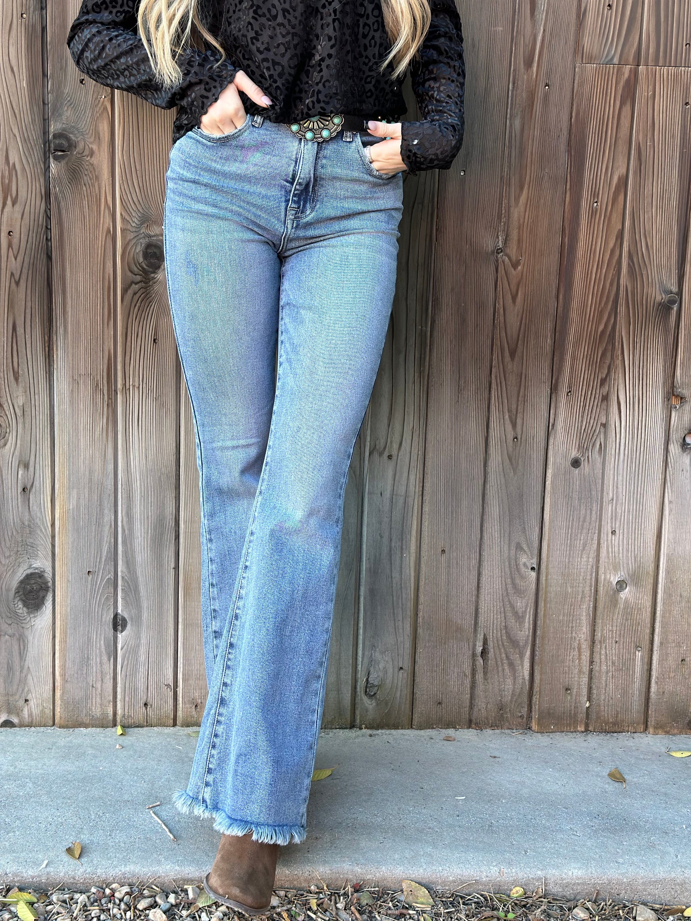 Just Black Bottoms The Risen Frayed Bottom Flare Denim