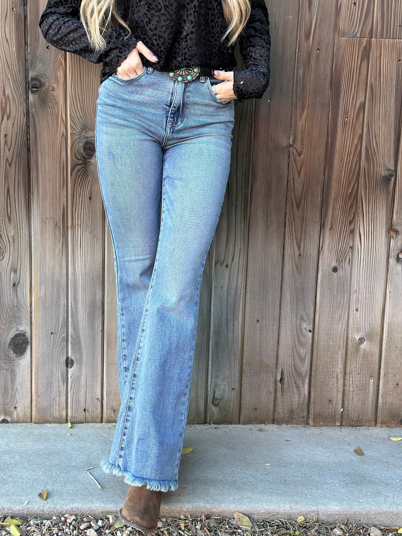 Just Black Bottoms The Risen Frayed Bottom Flare Denim