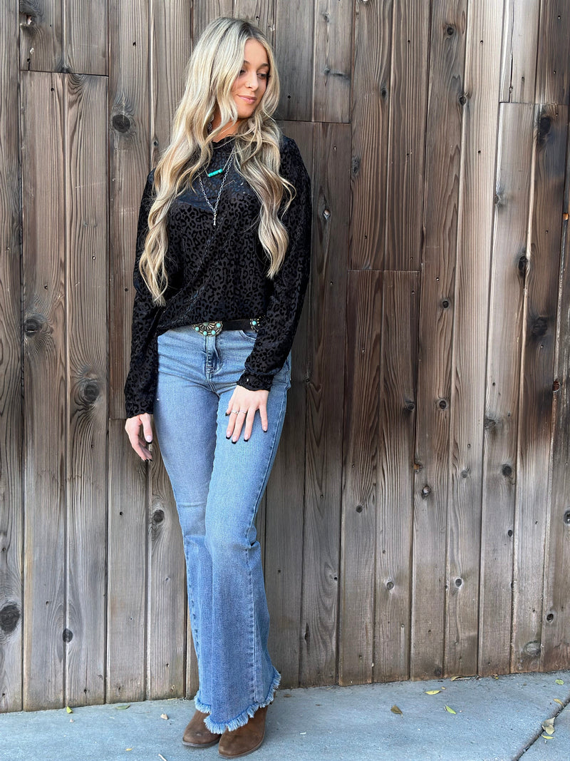 Just Black Bottoms The Risen Frayed Bottom Flare Denim