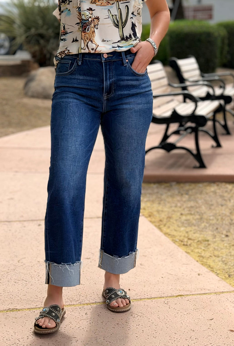Risen Bottoms The Risen Spring Ankle Crop High Rise Boyfriend Straight Leg Cuffed Denim