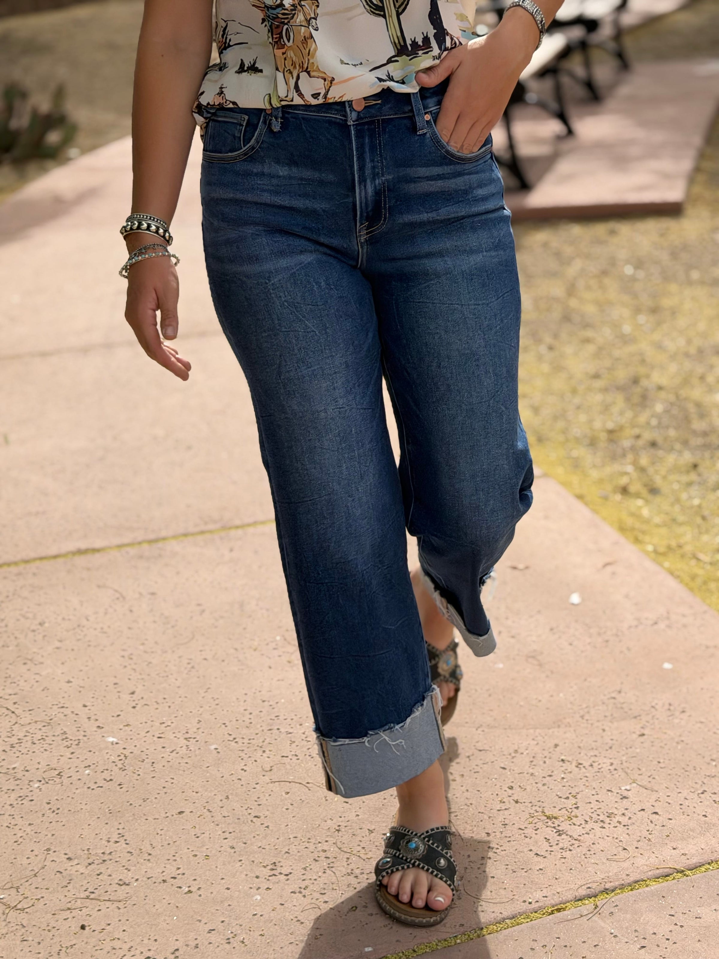Risen Bottoms The Risen Spring Ankle Crop High Rise Boyfriend Straight Leg Cuffed Denim