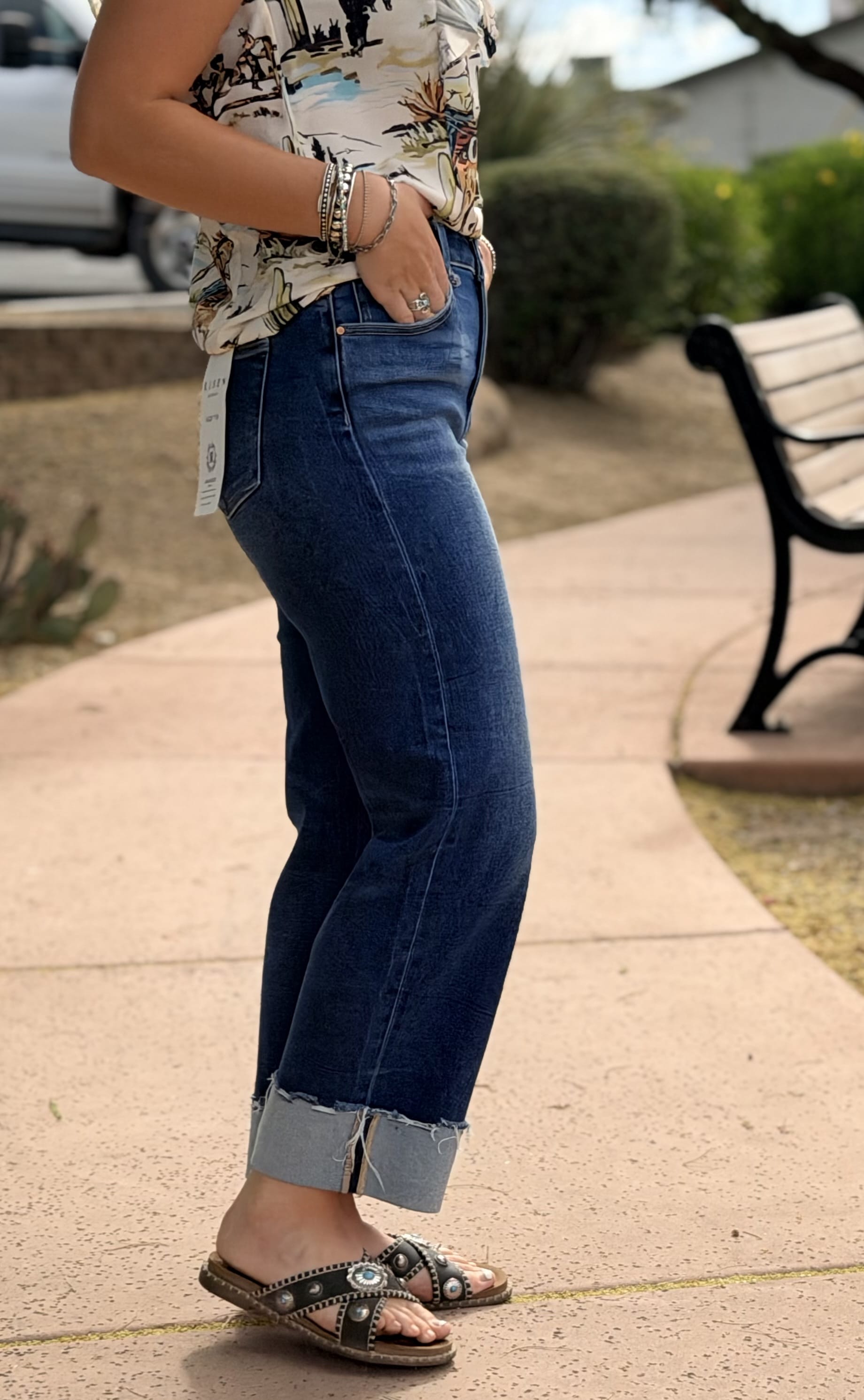 Risen Bottoms The Risen Spring Ankle Crop High Rise Boyfriend Straight Leg Cuffed Denim