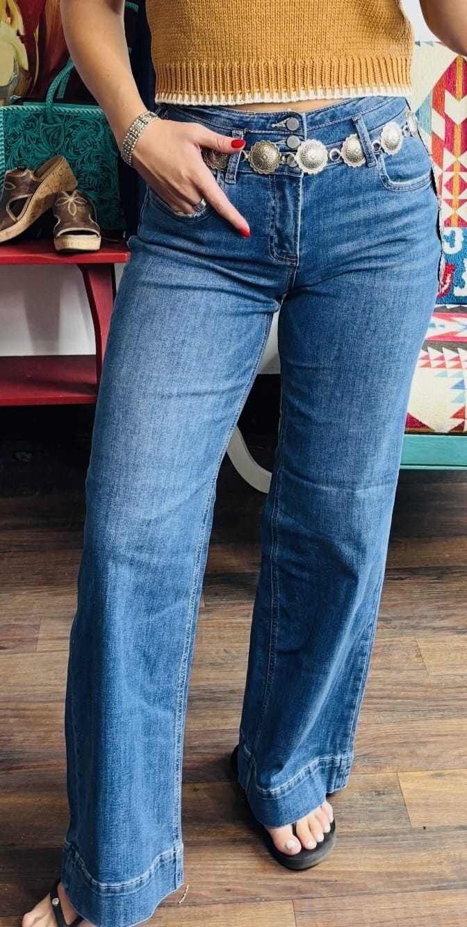 Risen Bottoms The Risen Triple The Button Detail Wide Leg Trouser Bottom Denim