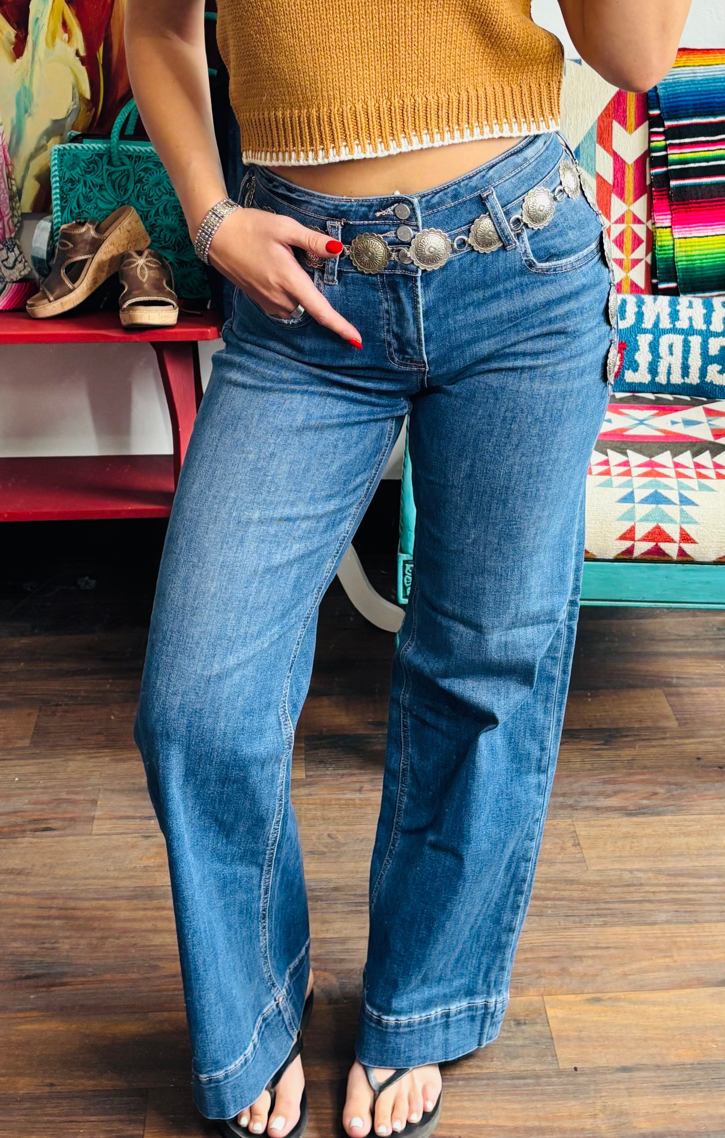 Risen Bottoms The Risen Triple The Button Detail Wide Leg Trouser Bottom Denim