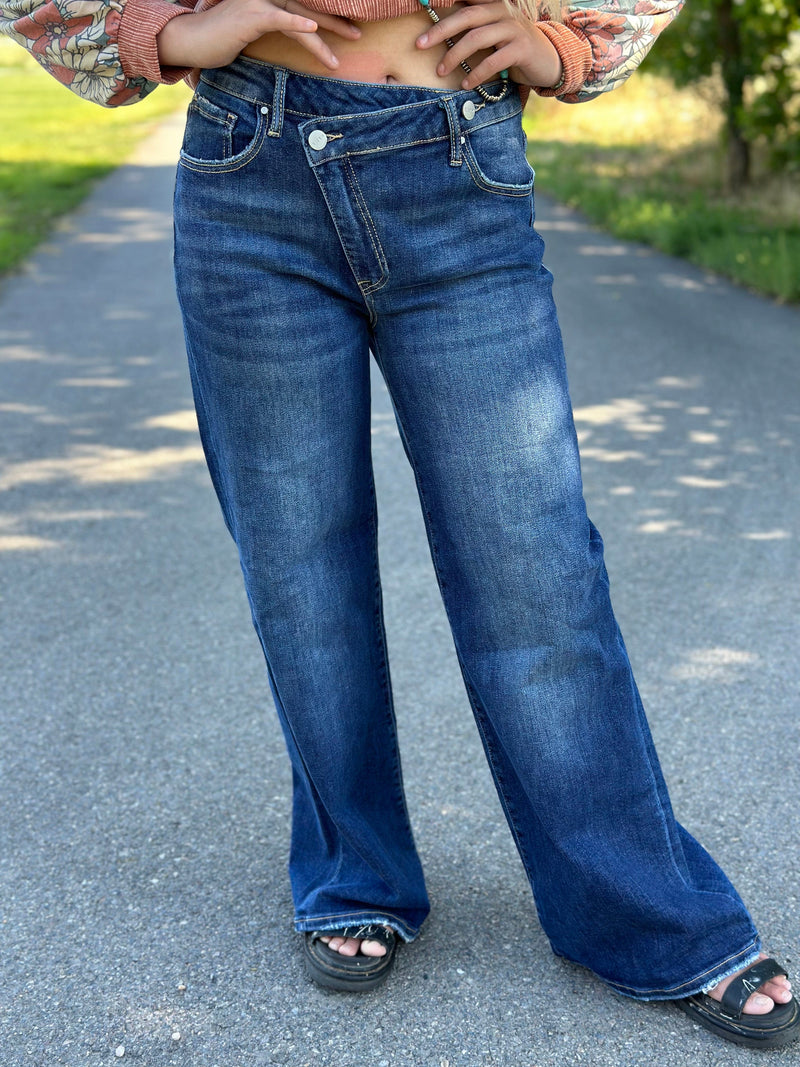 Just Black Bottoms The Risen Wendy Wide Leg Mid Rise Crossover Double Button