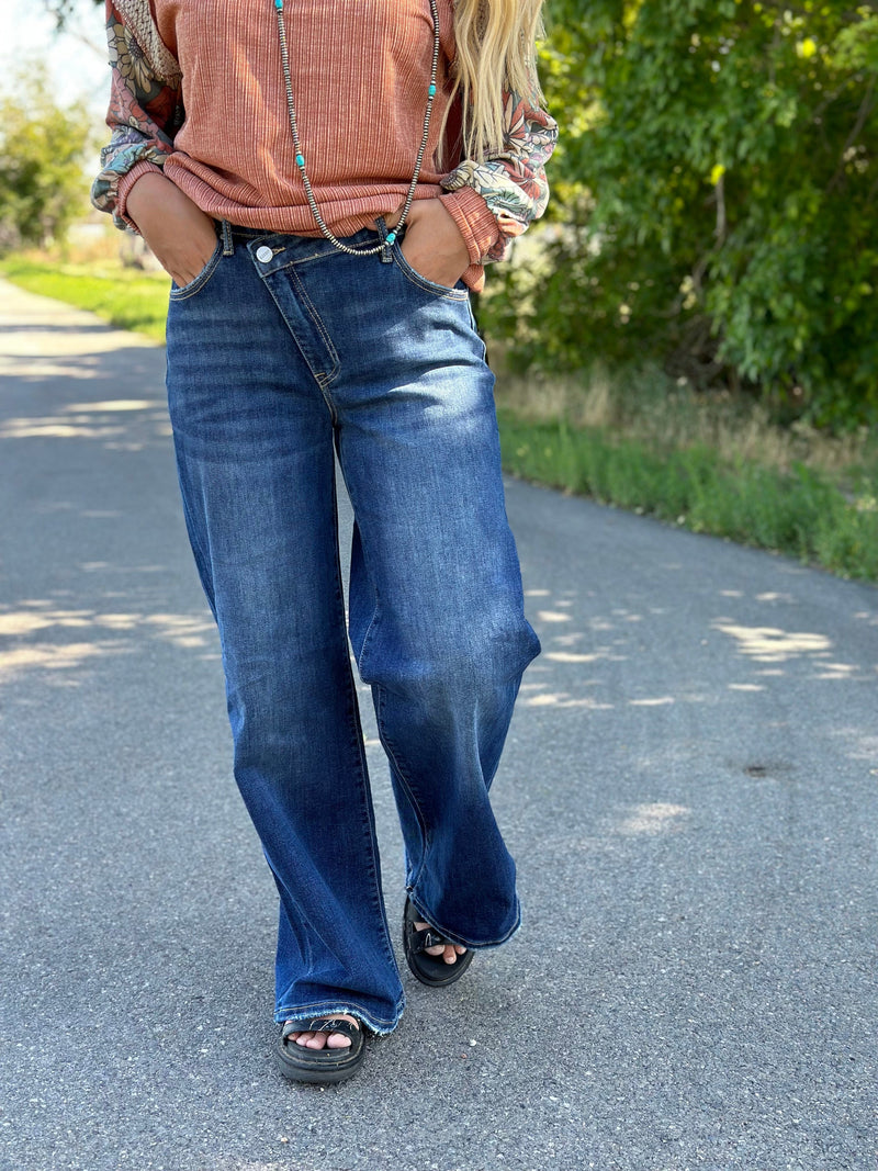 Just Black Bottoms The Risen Wendy Wide Leg Mid Rise Crossover Double Button