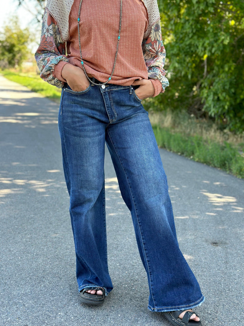 Just Black Bottoms The Risen Wendy Wide Leg Mid Rise Crossover Double Button