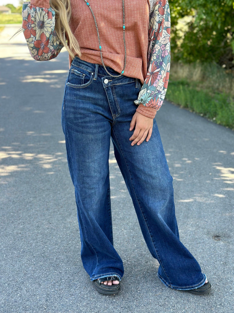 Just Black Bottoms The Risen Wendy Wide Leg Mid Rise Crossover Double Button