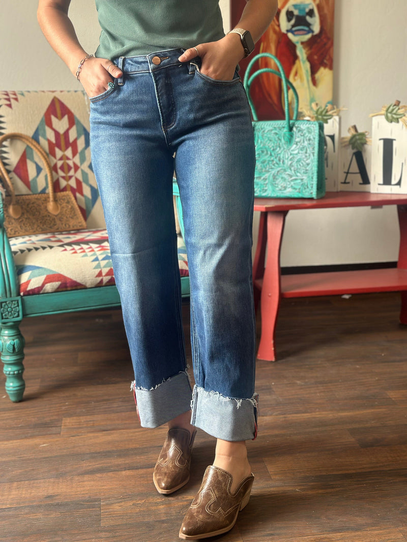 Risen Bottoms The Risen Wide Leg Cuffed Ankle Crop Denim