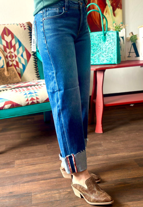 Risen Bottoms The Risen Wide Leg Cuffed Ankle Crop Denim