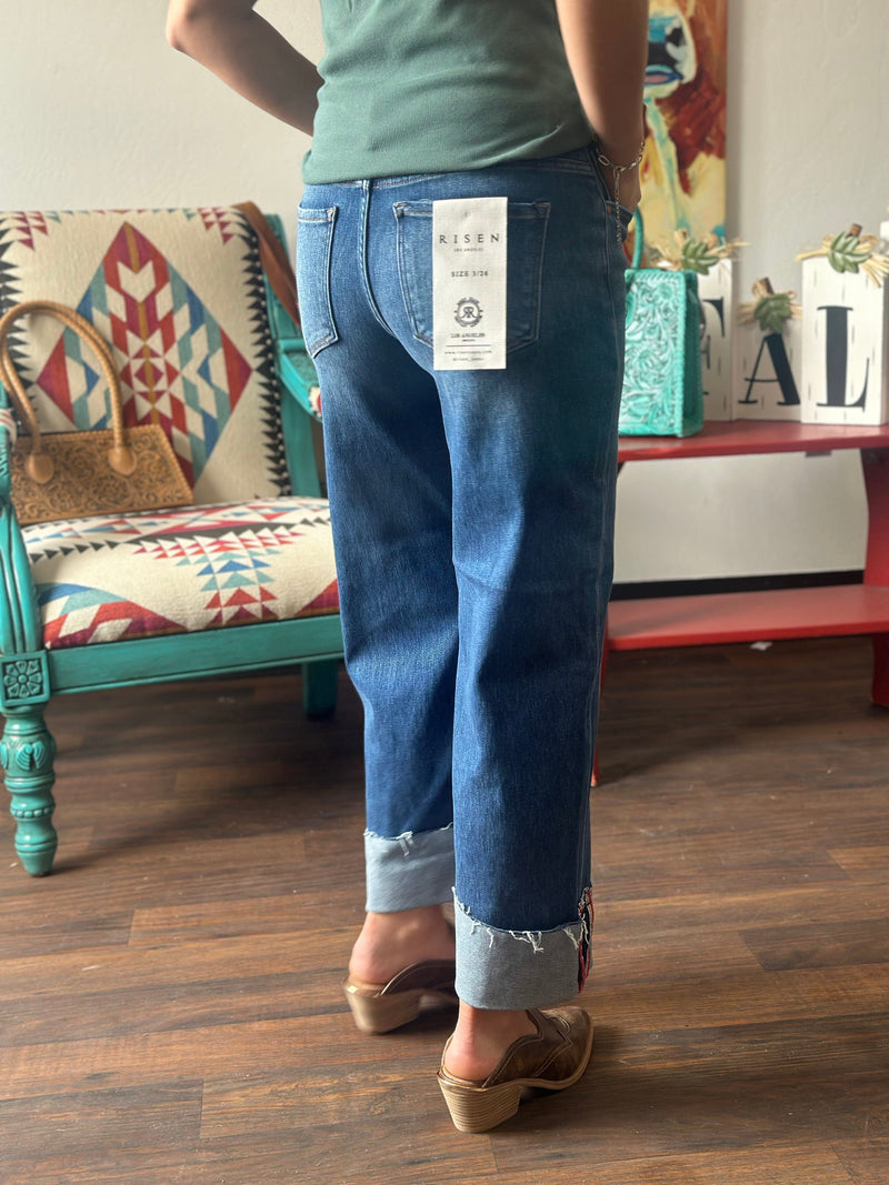 Risen Bottoms The Risen Wide Leg Cuffed Ankle Crop Denim